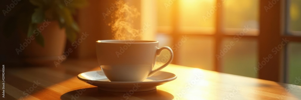 Obraz premium Warm golden light falls on minimalist coffee cup, light, morning