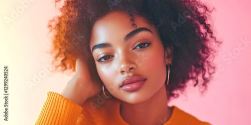 A young woman with beautiful curly hair poses gracefully in a vibrant orange sweater. The backdrop features soft pastel hues. This portrait highlights warmth and style. AI