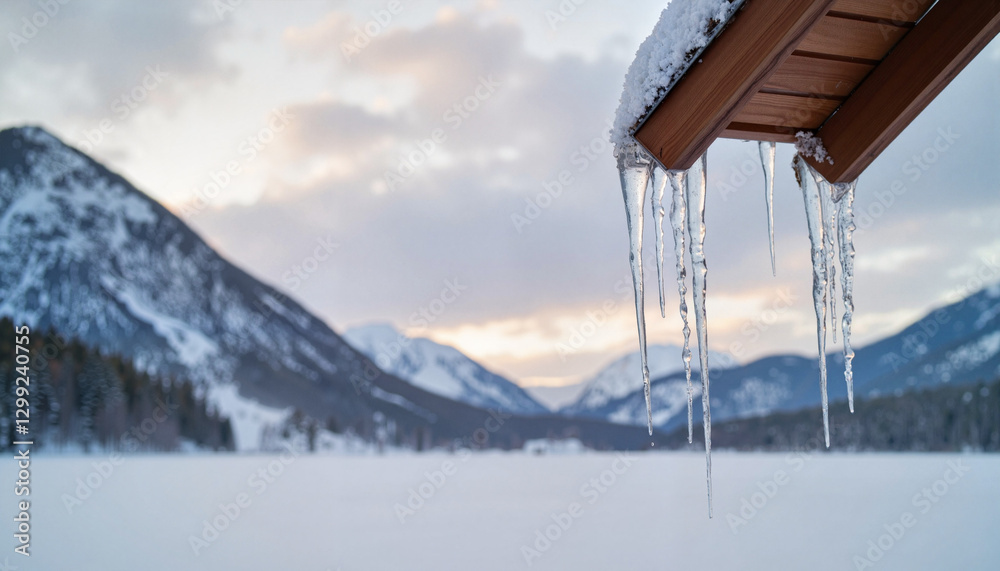 Fototapeta premium Magnificent icicles dripping from boathouse roof at dawn, winter serenity