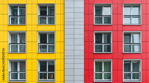 Vibrant Yellow And Red Building Facade With Grid Of Windows And Modern Architectural Design