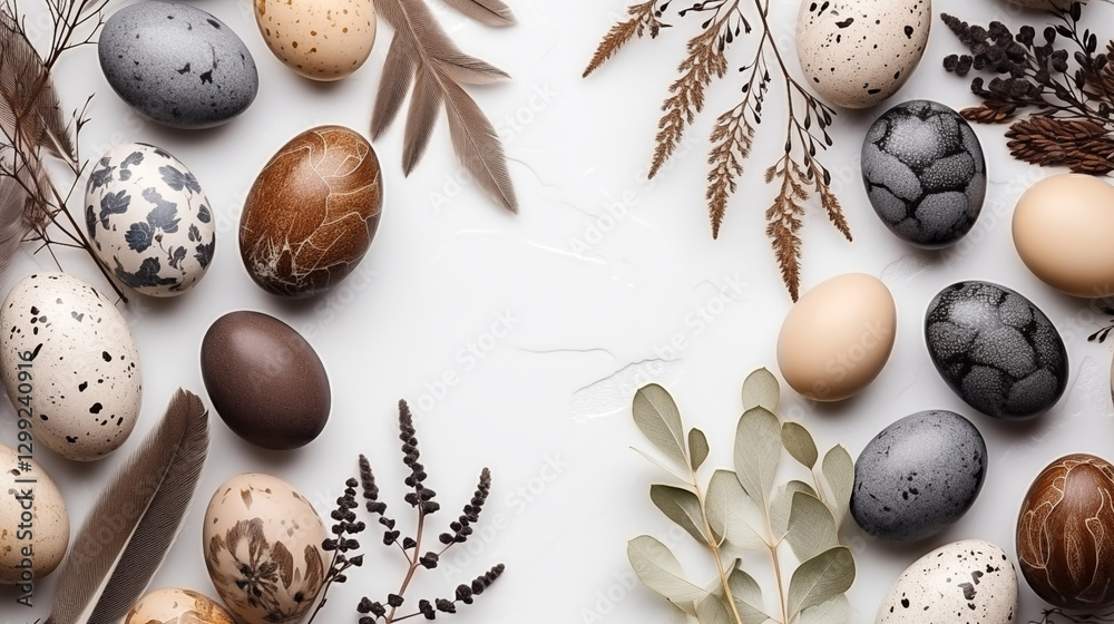 Obraz premium Flat lay composition with Easter eggs and sprin nature materials like herbs and feathers on neutral textured background with copy space. Easter and spring inspiration banner with copy space