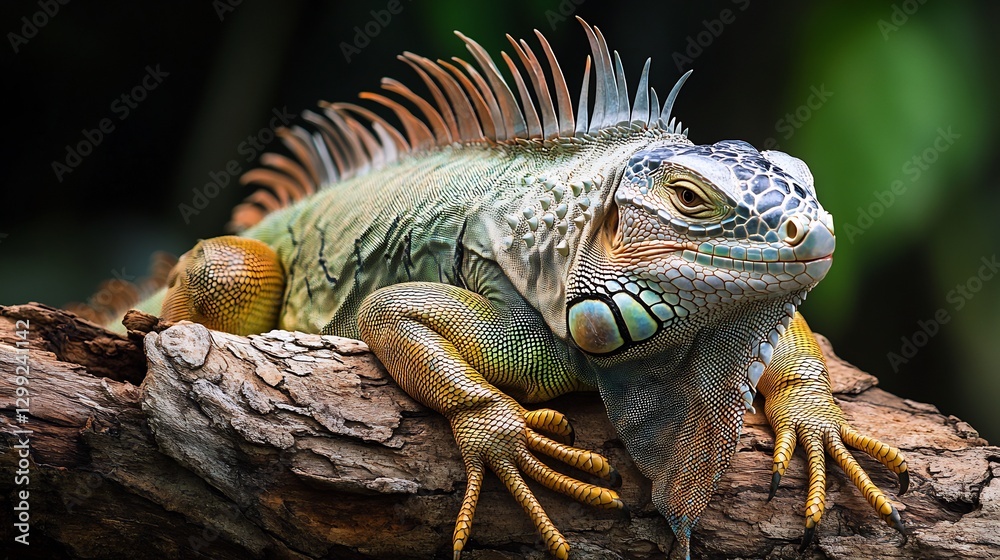 Majestic Green Iguana lounging on a sunlit branch its spiky crest running down its back long tail draped elegantly over the bark Majestic Green Iguana lounging on a sunlit branch its spiky crest running down its back long tail draped elegantly over the bark