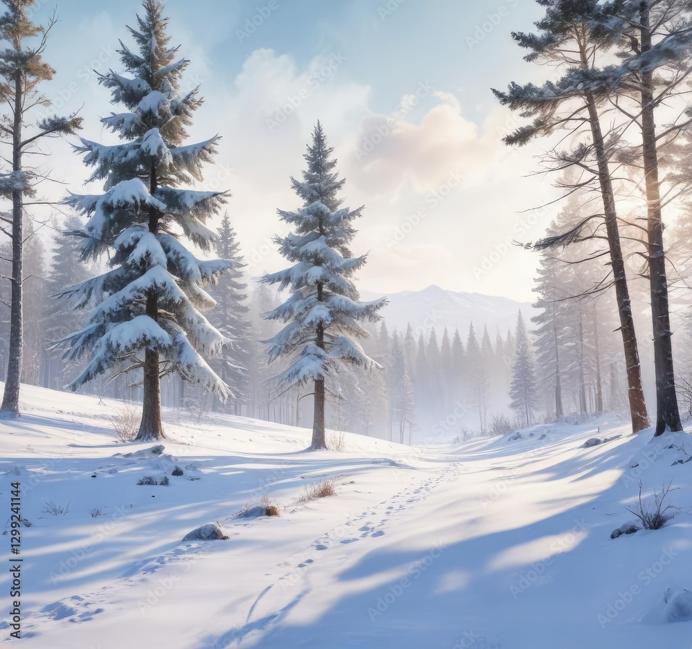 Fototapeta premium Watercolor painting of a winter landscape with snow-covered trees, frozen lakes, frosty mornings