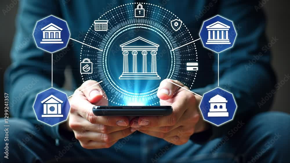 Person is holding a cell phone with a bank logo on it. Concept of financial security and the importance of managing one's finances