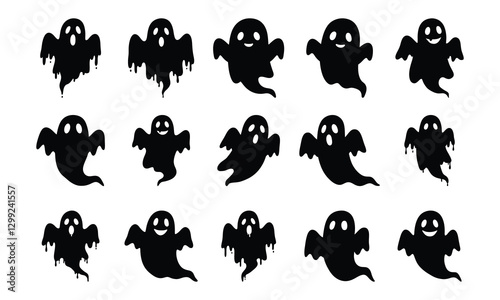 Silhouette of cute ghost vector illustration, halloween ghost, detailed vector, black and white, monochrome design, minimalist illustration, isolated on a white background