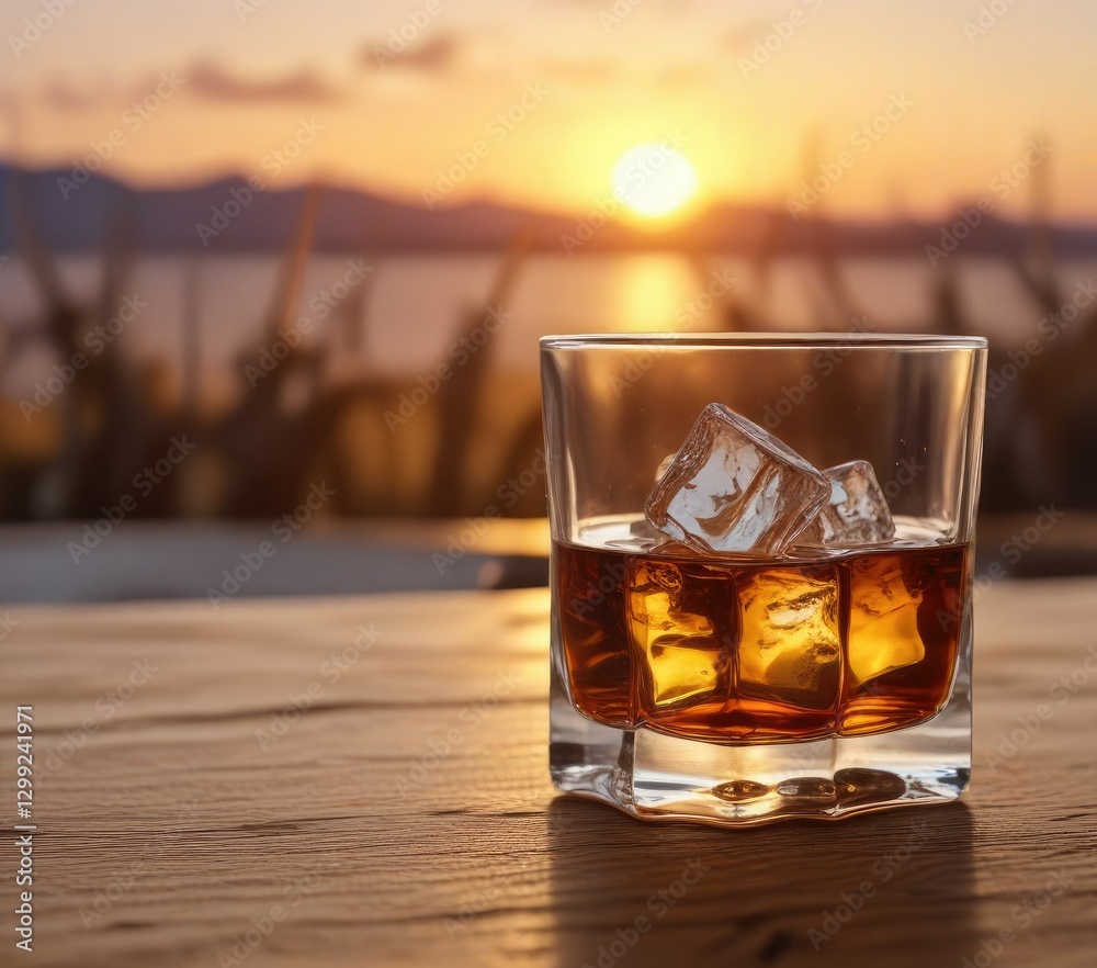 Whiskey glass with ice cube on wooden table, sunset colors in background , wooden table, blue, orange Whiskey glass with ice cube on wooden table, sunset colors in background , wooden table, blue, orange