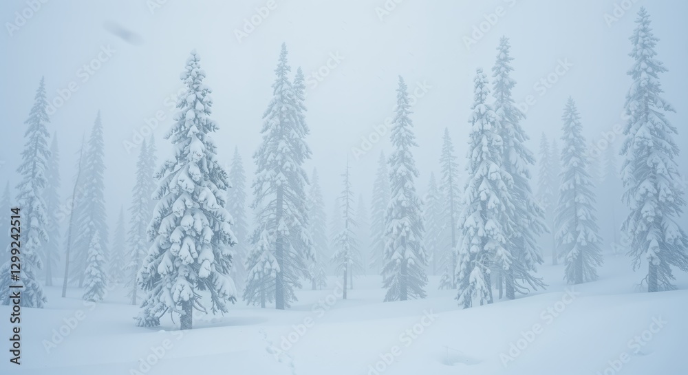 Snow covered fir trees in winter foggy forest. Landscape photography. Peaceful nature scene. Background for website, banner. Scenic view Snow covered fir trees in winter foggy forest. Landscape photography. Peaceful nature scene. Background for website, banner. Scenic view