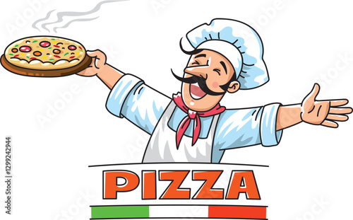 Funny chef with pizza. Emblem or logo design