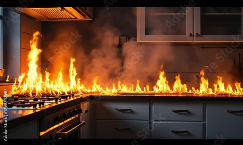 Intense Kitchen Fire with Flames Engulfing the Space.