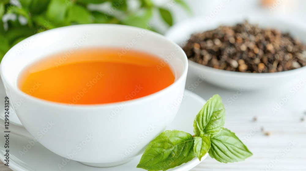 White teacup of hot beverage with fresh mint leaves White teacup of hot beverage with fresh mint leaves