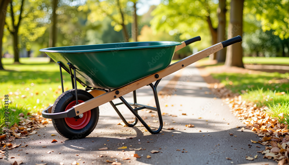 Empty wheelbarrow on gravel path in sunny park, gardening symbolism Empty wheelbarrow on gravel path in sunny park, gardening symbolism