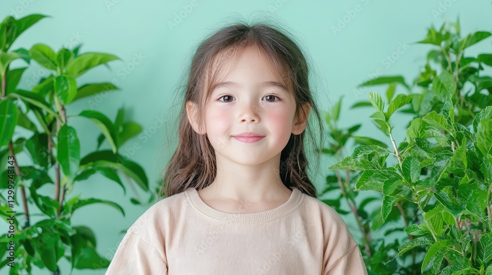 Happy girl posing amidst greenery, nature backdrop, spring photoshoot, kid's portrait Happy girl posing amidst greenery, nature backdrop, spring photoshoot, kid's portrait