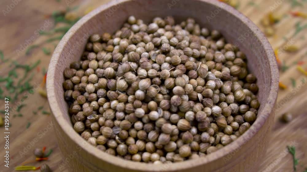 Close-up. Coriander seeds in wooden bowl – natural spice for cooking Close-up. Coriander seeds in wooden bowl – natural spice for cooking