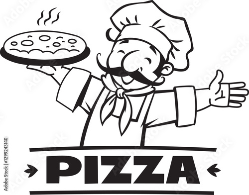 Funny chef with pizza. Emblem or logo design