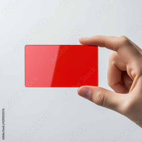 Hand holding a glossy red rectangular card against a white background