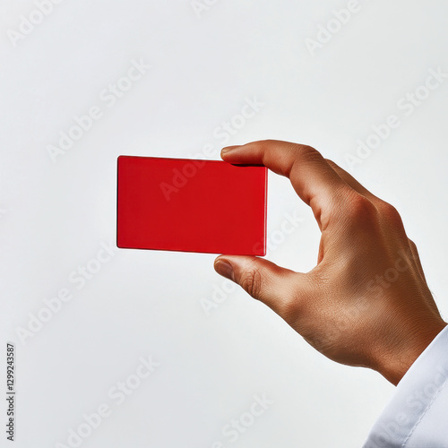 Hand holding a glossy red rectangular card against a white background