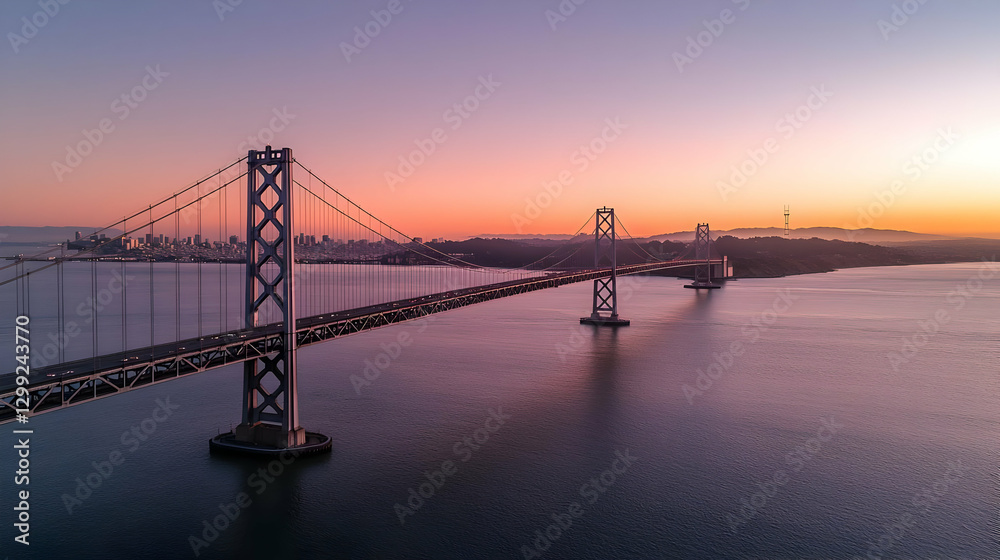 Obraz premium Aerial View Of A Suspension Bridge Over Calm Water At Sunset With City Skyline In Background