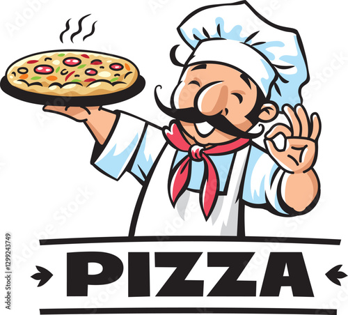 Funny chef with pizza. Emblem or logo design