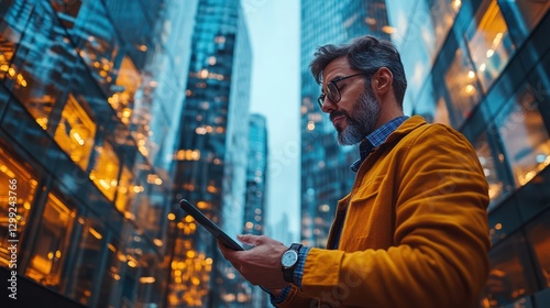 Urban Professional Using Tablet at Night