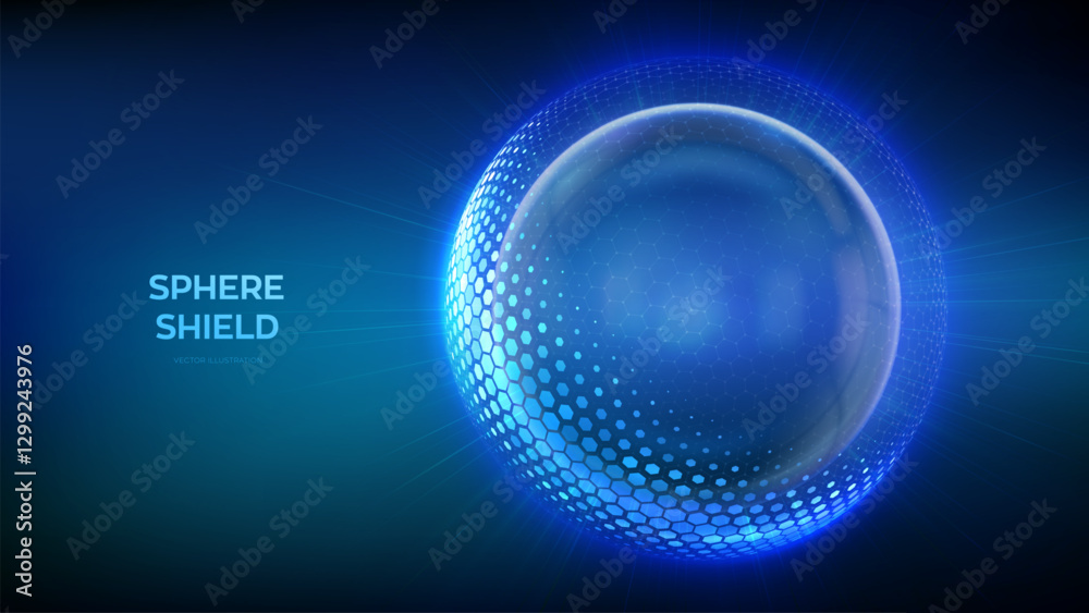 Glass transparent protection sphere shield. Sphere shield with hexagon pattern on blue background. Bubble shield in the form of a force energy field. Protection and safety concept. Vector illustration