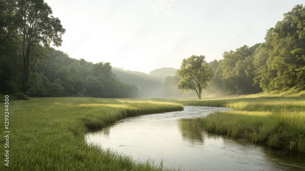 Obraz premium Photo, Forest stream, Earth Day, Nature scenery, Flowing water, Green forest, Sunlight trees