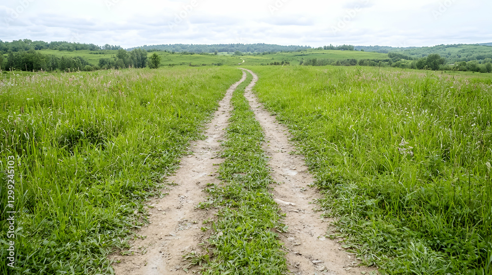 Country road through green field, summer landscape, travel Country road through green field, summer landscape, travel