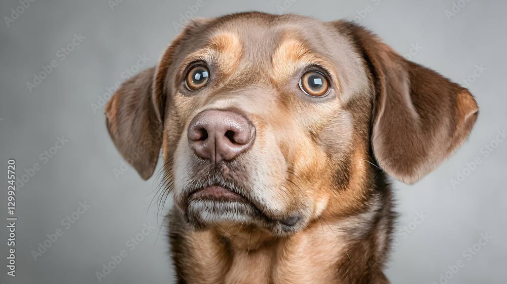 Chocolate Lab mix dog portrait, studio shot, gray background, pet adoption Chocolate Lab mix dog portrait, studio shot, gray background, pet adoption