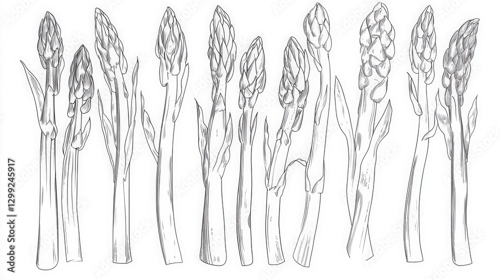 Delicate Asparagus Line Art Illustrations. Botanical Drawing. Fresh Vegetable Sketch. Elegant Food Illustration. Delicate Asparagus Line Art Illustrations. Botanical Drawing. Fresh Vegetable Sketch. Elegant Food Illustration.