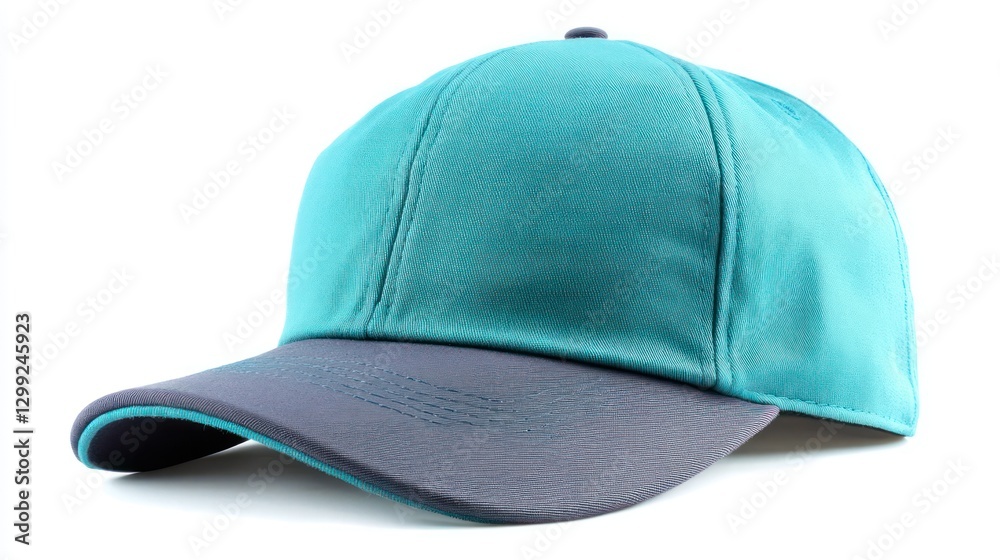 Fototapeta premium A turquoise snapback hat with a contrast-colored brim and snap closure, isolated on a white background