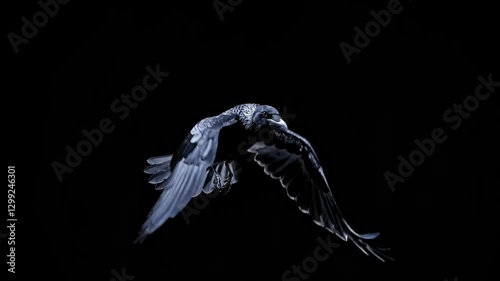 Dramatic low-angle shot of a raven in flight against a dark background, capturing its wingspan. Ideal for a mysterious or gothic-themed video. Live desktop wallpaper.