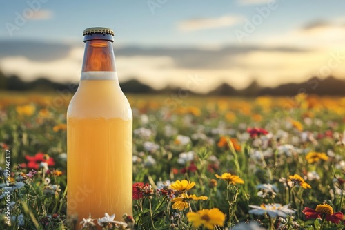 A brown glass bottle of light-yellow liquid stands in a field of diverse wildflowers, bathed in the soft light of sunset. The background is softly blurred, focusing attention on the bottle photo