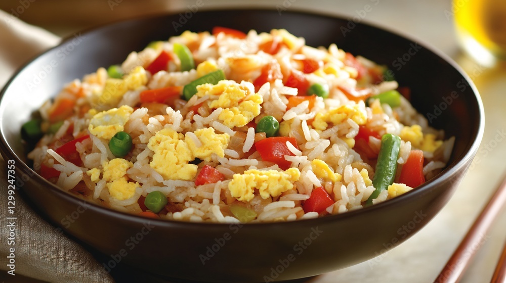 Bowl of Chinese egg fried rice seasoned perfectly soy sauce vegetable scrambled egg Bowl of Chinese egg fried rice seasoned perfectly soy sauce vegetable scrambled egg