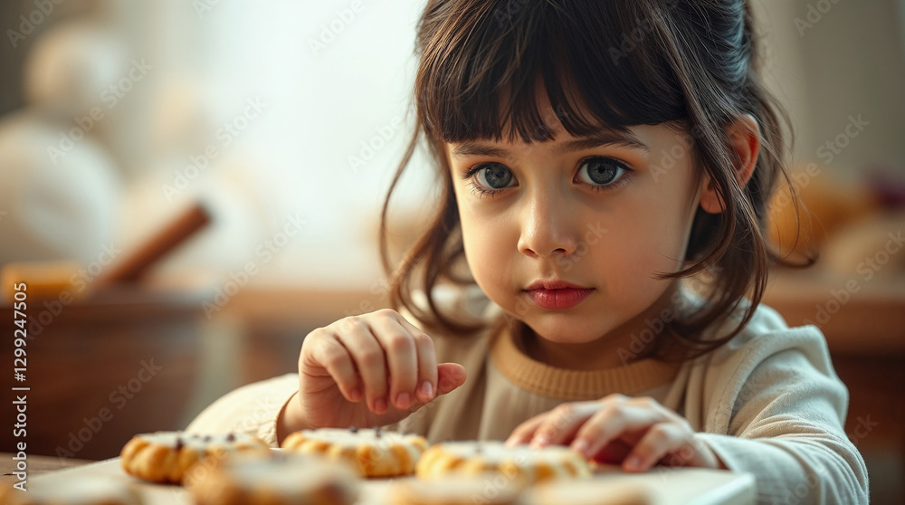 Child helping bake cookies with curiosity and focus in a cozy kitchen setting Child helping bake cookies with curiosity and focus in a cozy kitchen setting