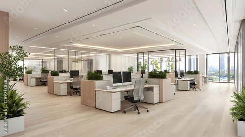 Modern Open Plan Office Interior Design With Cubicles and Green Plants in Daylight