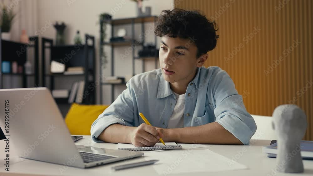 Teenager studying at home, writing in a notebook and using a laptop for research Teenager studying at home, writing in a notebook and using a laptop for research