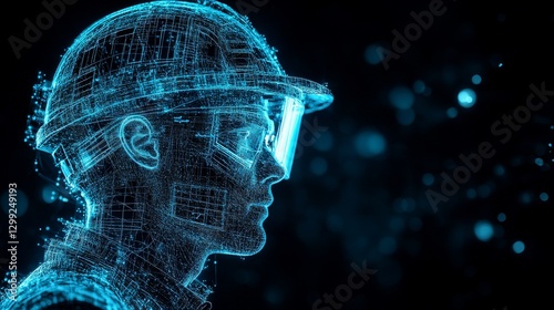 Digital Blueprint: Profile View of a Wireframe Worker in Safety Gear Against a Dark Background with Bokeh Effects Illuminating Technological Precision