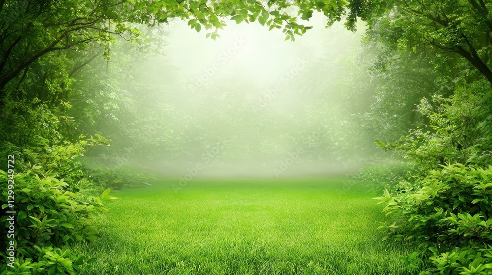 Fototapeta premium Misty forest, enchanting green landscape with foggy sky and mysterious trees misty