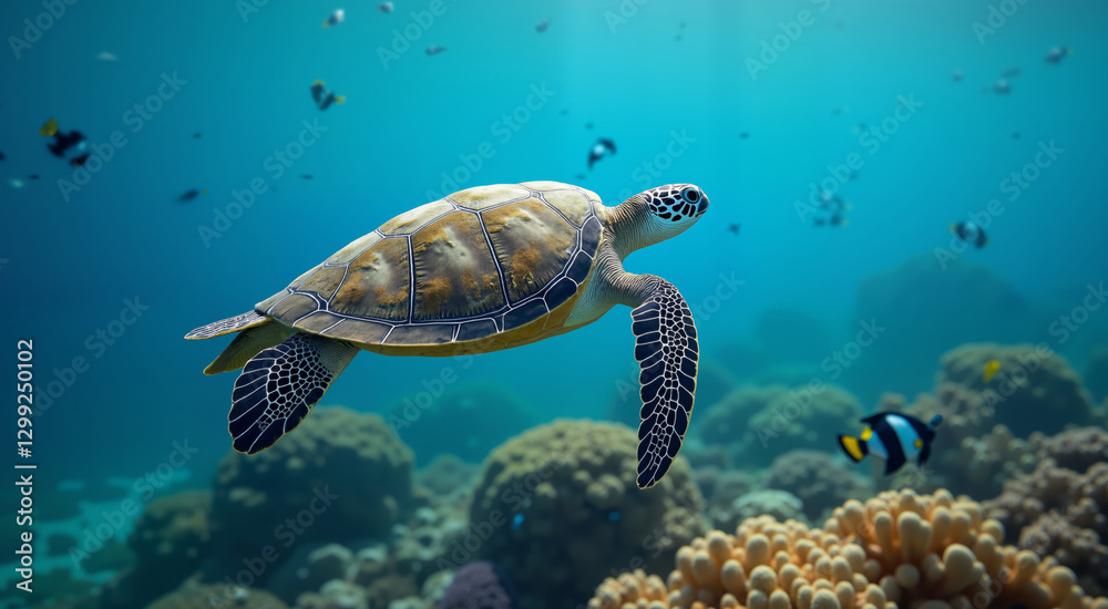 Obraz premium A sea turtle swims gracefully over a vibrant coral reef. The underwater scene captures the beauty of marine life and the ocean's ecosystem.