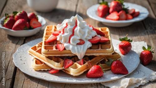 A delicious stack of golden waffles topped with fresh strawberries and a generous dollop of whipped cream, served on a white plate with additional strawberries in the background