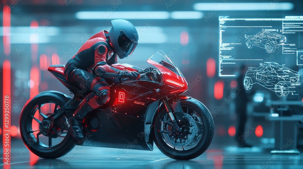 Obraz premium Futuristic motorcycle racing competition urban setting digital art high-tech environment close-up viewpoint innovation and speed