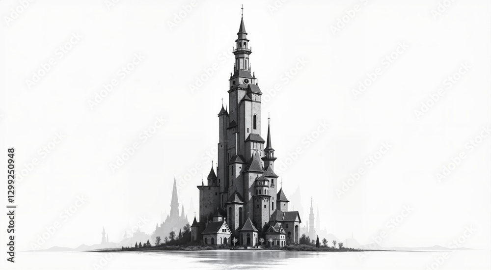 Obraz premium Majestic Gothic Tower Illustration. Elegant sketch of a tall, intricate spire structure.