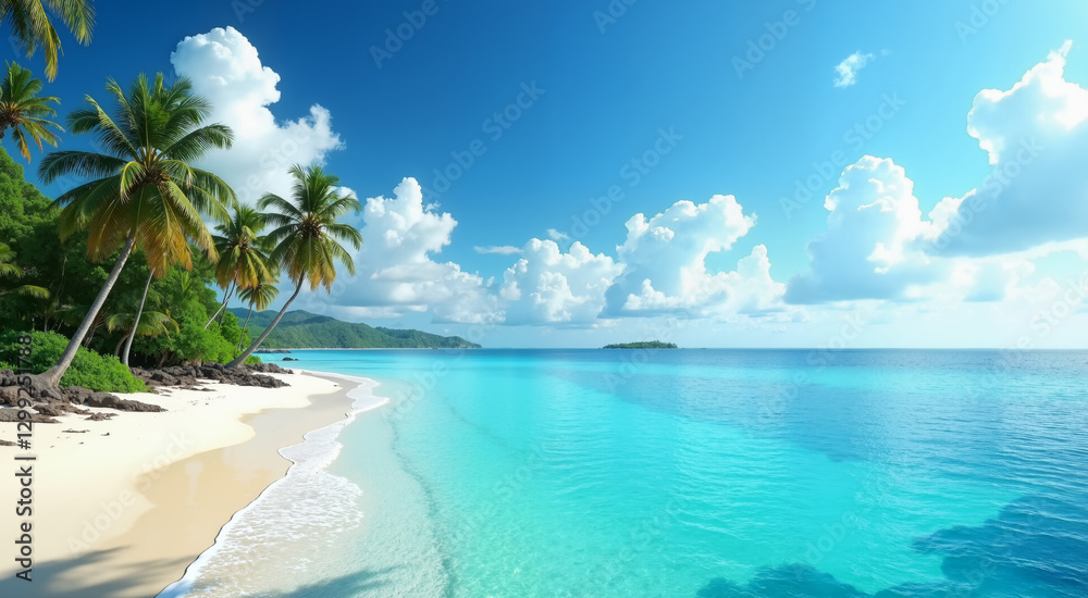 Tropical beach paradise with vibrant blue waters and sandy shore. The scene is enhanced by lush palm trees and a scenic island in the distance under a bright, partly cloudy sky. Tropical beach paradise with vibrant blue waters and sandy shore. The scene is enhanced by lush palm trees and a scenic island in the distance under a bright, partly cloudy sky.