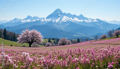 Spring Blossoms in a Rolling Meadow with Snowy Peaks Beyond