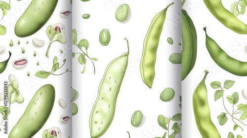 Beautiful Green Beans and Pods Botanical Illustration Seamless Pattern