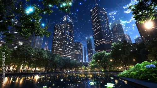 Nighttime cityscape photography urban environment stunning skyscrapers reflected in water illuminated by stars dreamy atmosphere aesthetic view