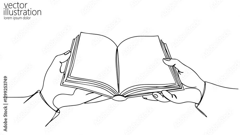 Open book in hands illustration. Pages are visible paper texture. Use it for education or knowledge. Simple line drawing white background vector illustration Open book in hands illustration. Pages are visible paper texture. Use it for education or knowledge. Simple line drawing white background vector illustration