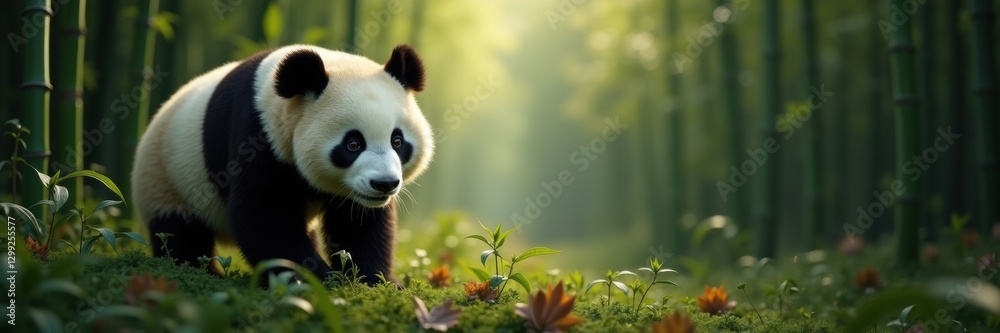 Fototapeta premium A charming panda wandering through a lush bamboo forest, showcasing its playful nature amidst a vibrant, green environment.