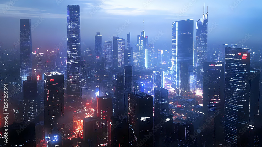 Fototapeta premium Distant City Skyline At Night Illuminated By Countless Lights Beneath a Blue and Dark Cloudy Sky