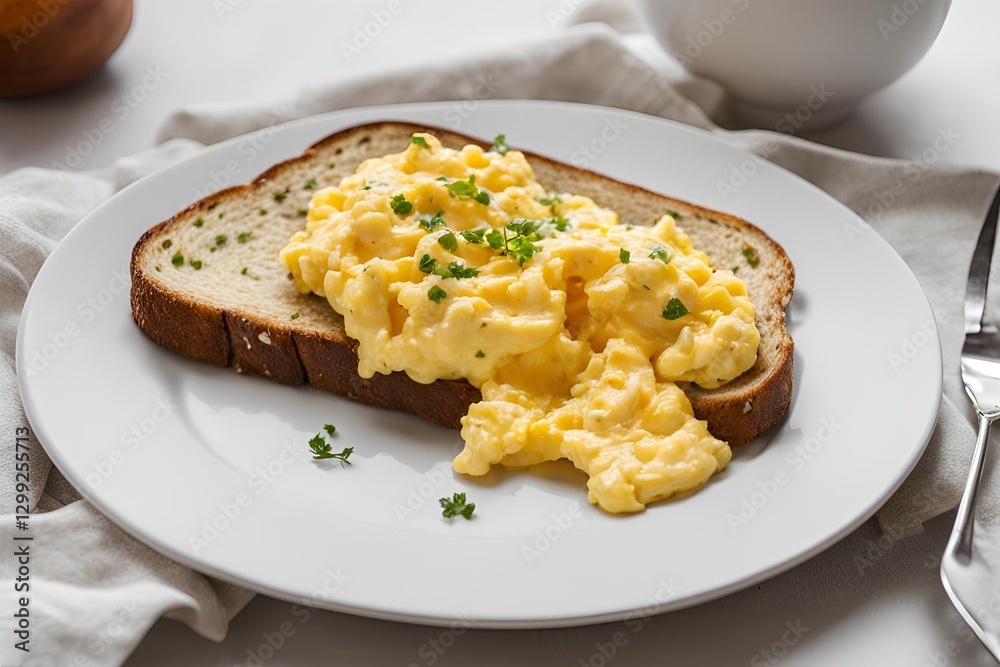 A simple dish of scrambled eggs with a slice of toasted bread on a white plate. A simple dish of scrambled eggs with a slice of toasted bread on a white plate.