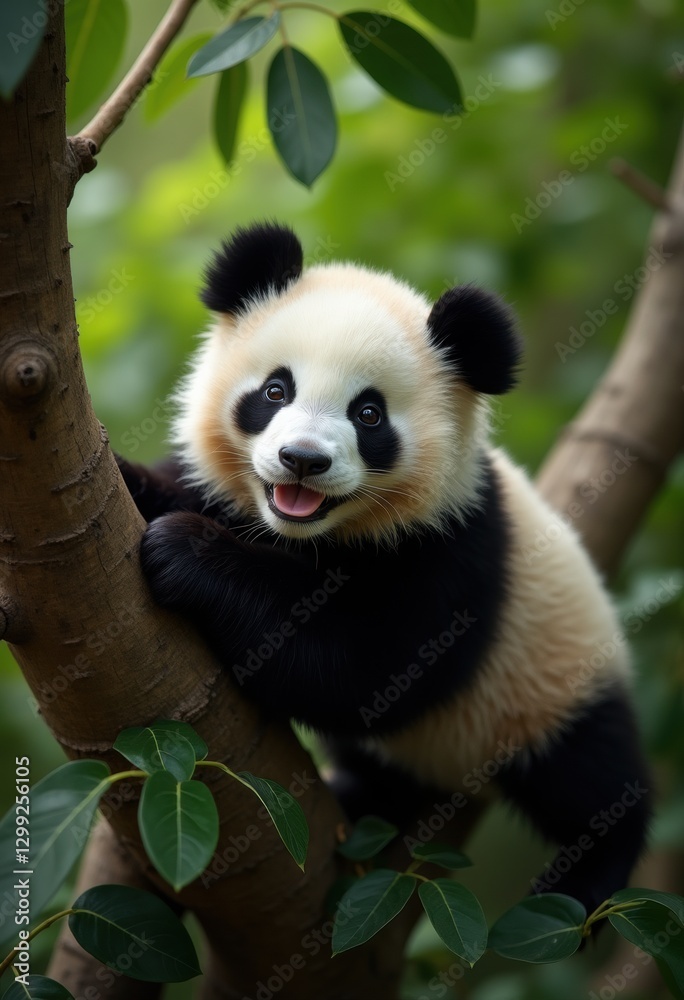 Playful panda cub climbing a tree, surrounded by lush green foliage, exuding charm and curiosity in its natural habitat. Playful panda cub climbing a tree, surrounded by lush green foliage, exuding charm and curiosity in its natural habitat.